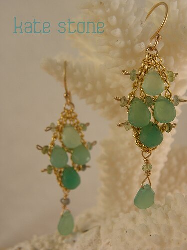 Shaded Chrysoprase Chandelier Earrings with Green Tourmalines and Gold filled Curb Chain