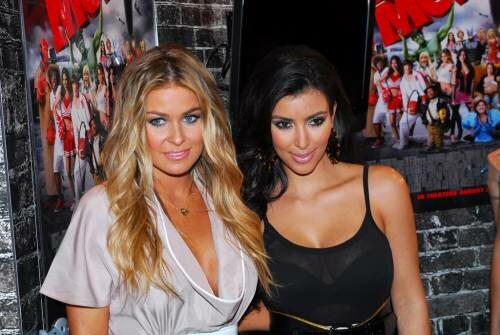 Carmen Electra and Kim Kardashian at the Lionsgate booth at Comic Con in San Diego 07 26 08 Yahoo 